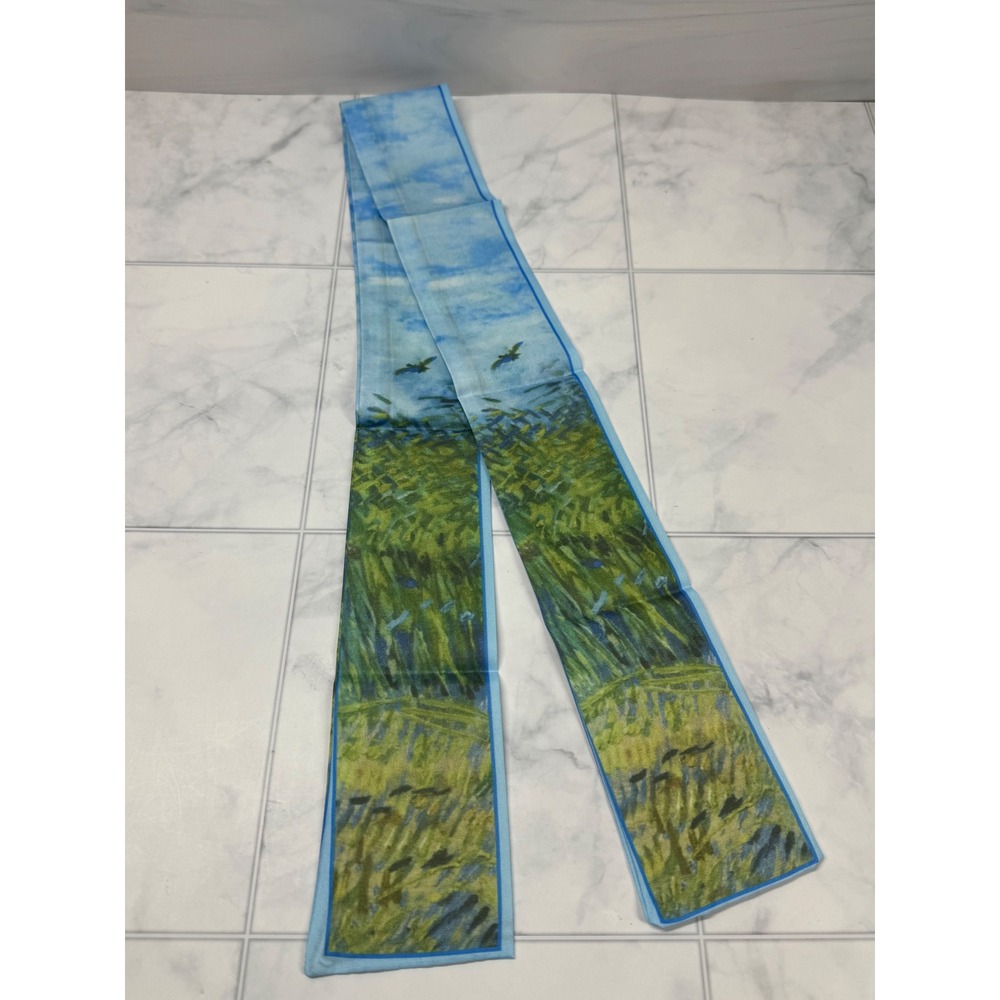 Yiwu Impressionist Landscape Skinny Scarf Blue Green Wheat Field Purse New